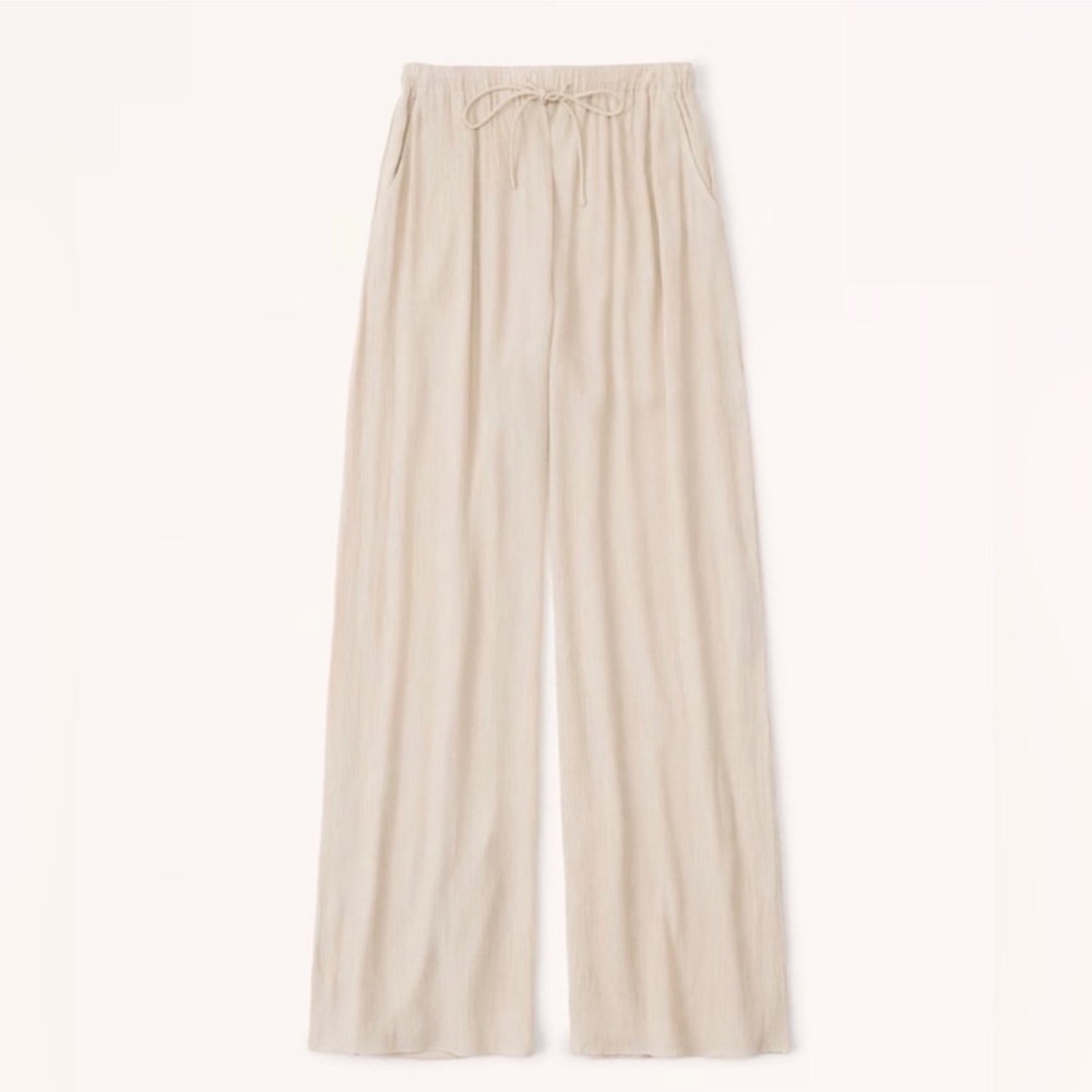 Abercrombie & Fitch Crinkle Textured Pull-On Pant Wide Leg SMALL Warm Beige